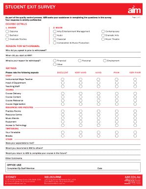 Fillable Online Aim Edu STUDENT EXIT SURVEY Australian Institute Of