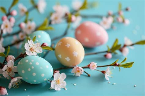 Premium Photo Pastel Easter Eggs And Cherry Blossoms On Turquoise