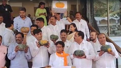 Opposition Mlas Arrives Vidhan Bhavan With Pumpkins Protest Against Shinde Government S Budget