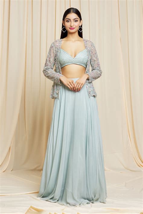 Buy Blue Jacket Net Embroidered Floral Plunge V Neck Hand And Lehenga