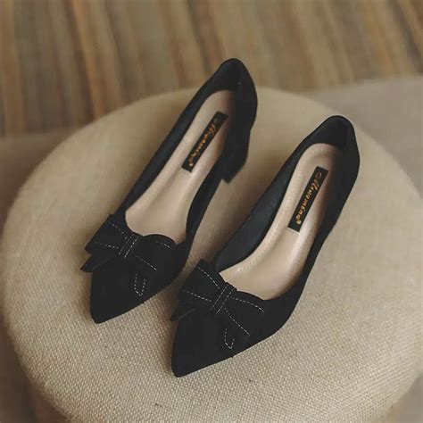 Women‘s Chunky Heel High Heels Bow Tie Pointed Toe Shallow Mouth Non ...