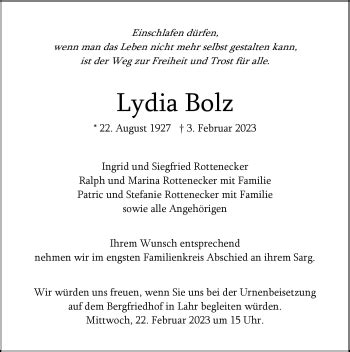 Traueranzeigen Von Lydia Bolz Schwarzw Lder Bote Trauer