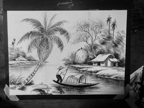 A Black And White Drawing Of A Man In A Boat On The Water With Palm Trees