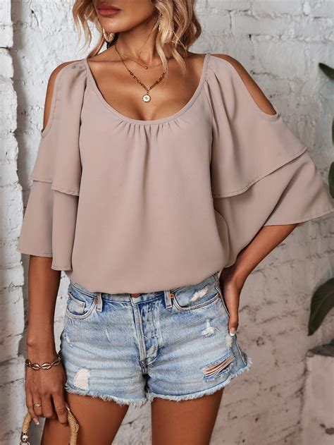 Shein Lune Cold Shoulder Flounce Sleeve Blouse Shein Usa