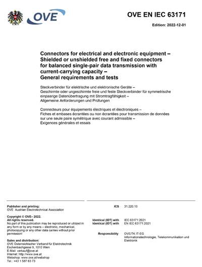 OVE EN IEC 63171 2022 Connectors For Electrical And Electronic