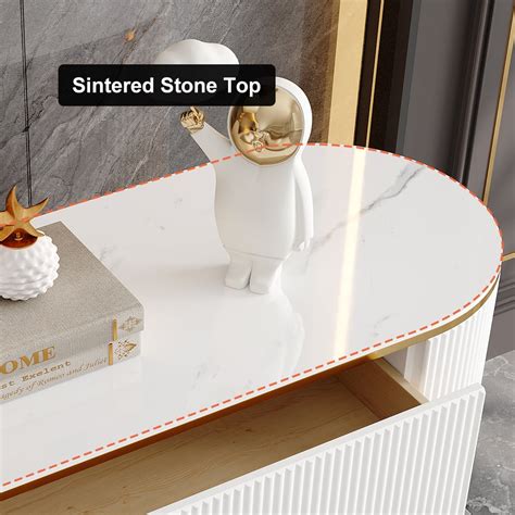 Yelly Modern White Tv Stand With Oval Marble Top Tempered Glass Doors