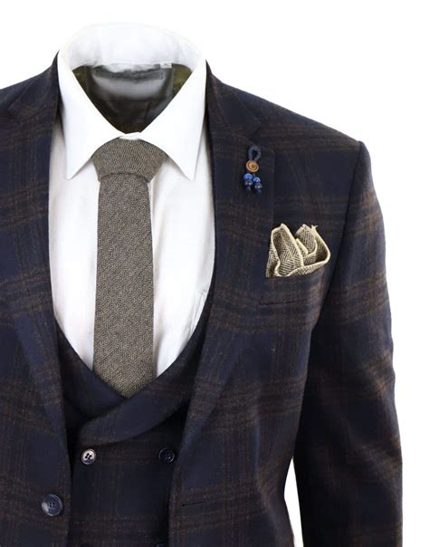 Navy Blue Check 3 Piece Tweed Suit Happy Gentleman