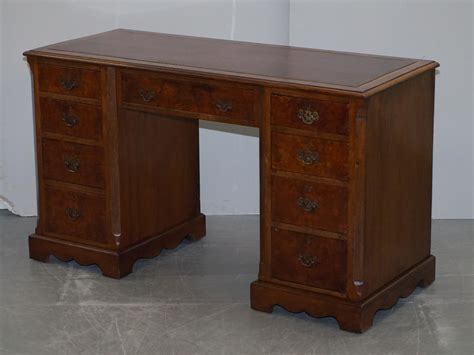 Antique Victorian Burr Walnut Twin Pedestal Partner Desk With Brown