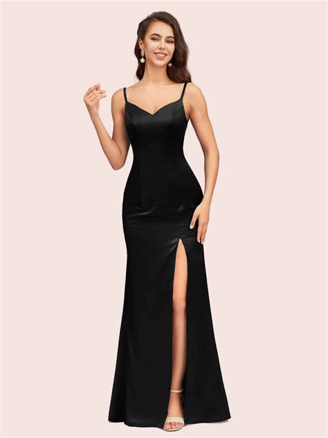 Sexy Spaghetti Straps Mermaid Long Silky Satin Prom Dresses With Slit