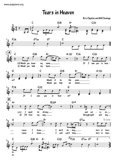 Eric Clapton Tears In Heaven Sheet Music (Leadsheet) In A, 50% OFF