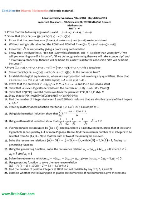 094 Ma8351 Ma6566 Discrete Mathematics Important Questions 2 Click Here For Discrete