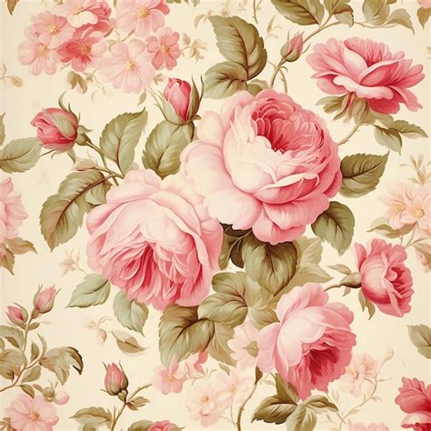 A Floral Wallpaper With Pink Roses And Green Leaves Premium Ai