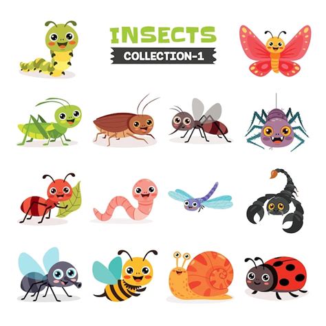 Conjunto De Varios Insectos De Dibujos Animados Vector Premium