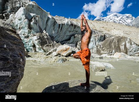 A Sadhu Holy Man Is Standing In Tree Pose Vrikshasana On A Rock At