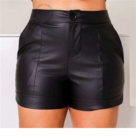 Short Feminino De Couro Cintura Alta Couro Fake Cirre Z Per Frontal