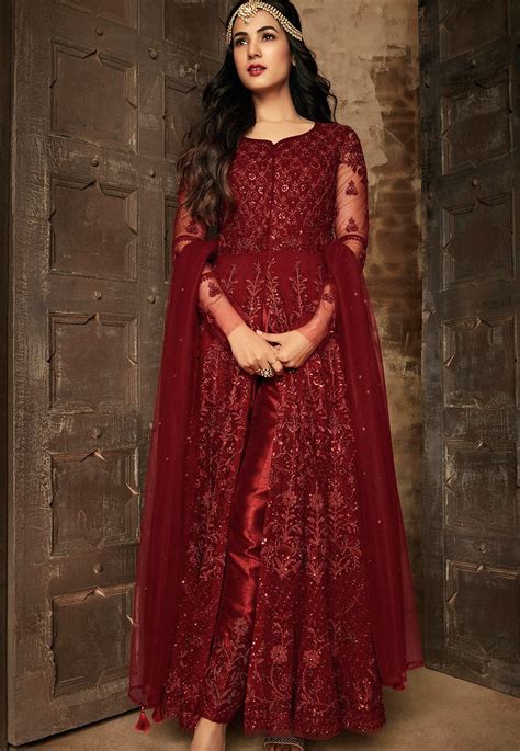 Sonal Chauhan Maroon Net Embroidered Trouser Style Anarkali Suit 7204