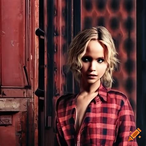 Blonde Actress In Red Plaid Shirt And High Waist Black Leather Trousers