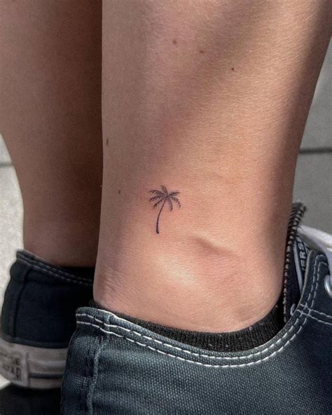 Tiny Fine Line Palm Tree Tattoo Located On The Ankle