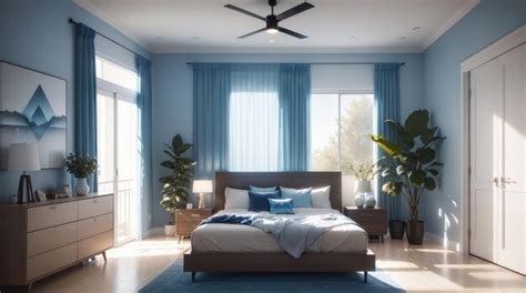 Premium Photo | A modern bedroom with wooden furniture in blue tone