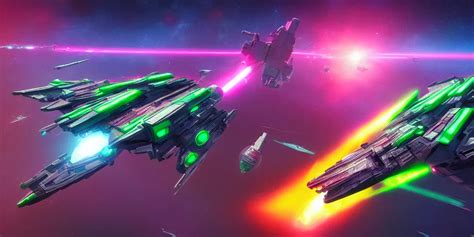 Synthwave Spaceship Battle In Space Firing Green Stable Diffusion