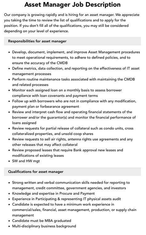 Asset Manager Job Description Velvet Jobs