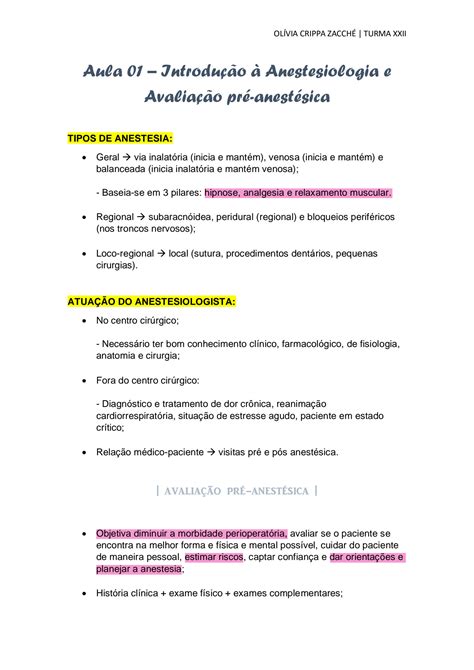 SOLUTION Aula 01 Introducao A Anestesiologia E Avaliacao Pre Anestesia