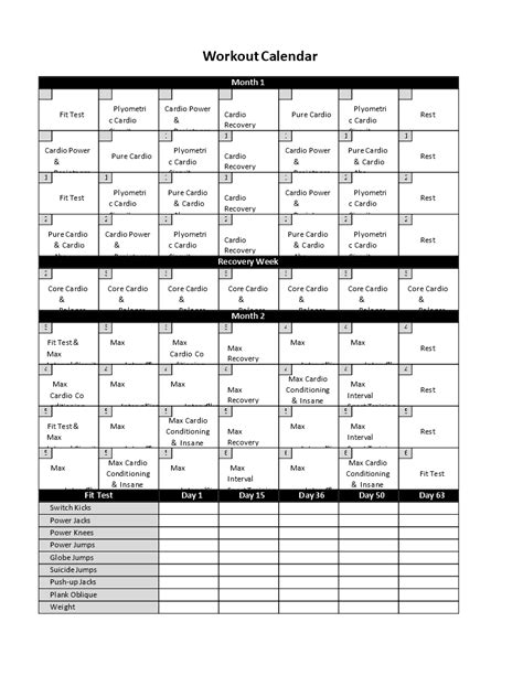 Printable Insanity Workout Calendar