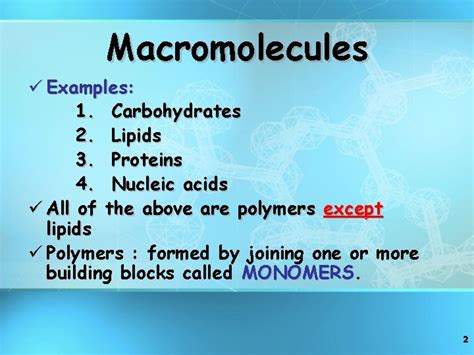 Biological Macromolecules enzyme Heba AlTamimi 1 Macromolecules Examples