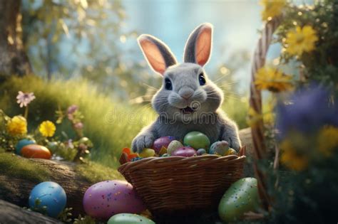 Easter Bunny Carrying A Basket Filled With Stock Illustration