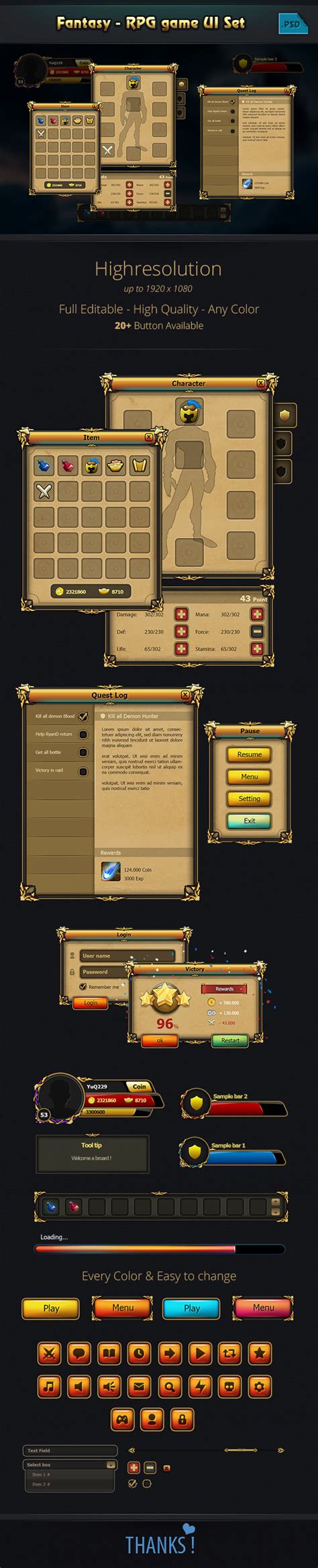 Fantasy Rpg Game Gui Pack On Behance Game Gui Game Design Game Ui