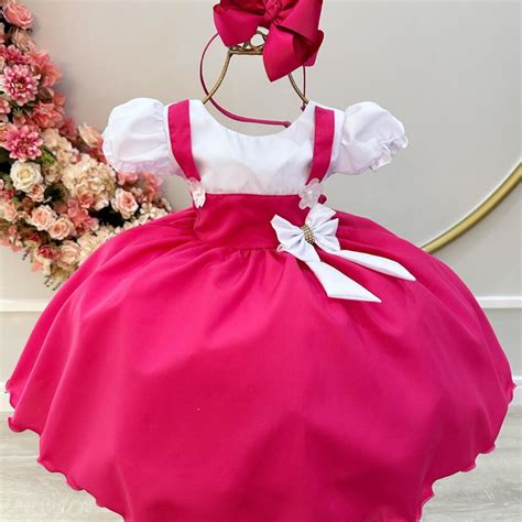 Vestido Infantil Pink Menina e o Urso c Lenço e Broche de l