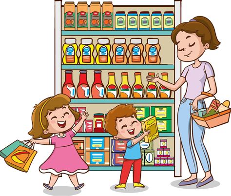 Mother and Kids Navigating the Aisles of a Crowded Supermarket and