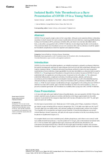 (PDF) Isolated Basilic Vein Thrombosis as a Rare Presentation of COVID-19 in a Young Patient ...