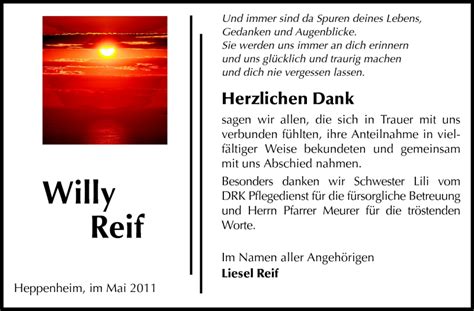 Traueranzeigen Von Willy Reif Vrm Trauer De