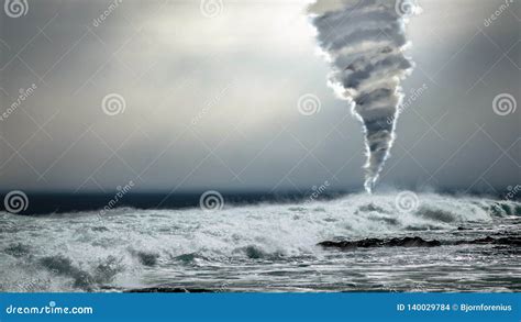 Tornado Potente Di Tornado Sopra L Oceano Tempestoso Fotografia Stock