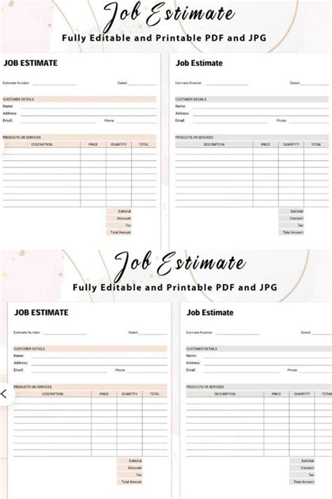 Editable Job Estimate Template Editable And Printable Etsy