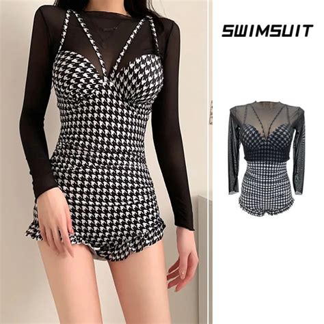 Long Sleeved Mesh Two Piece Bikini Ruffled Houndstooth Swimsuit Ins One