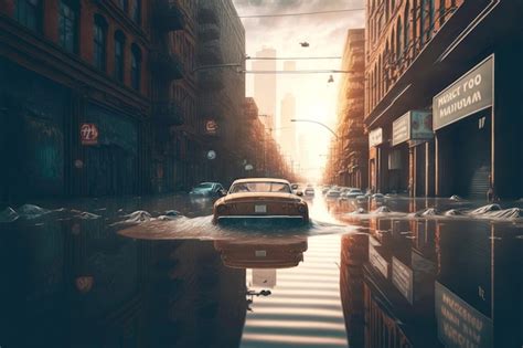 Calle vacía con autos volcados en medio de una ciudad inundada Foto