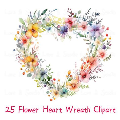 25 Pastel Flower Heart Wreath Clipart Digital Valentines Day