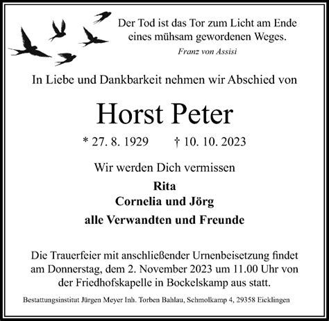 Traueranzeigen Von Horst Peter Trauerportal Der Celleschen Zeitung