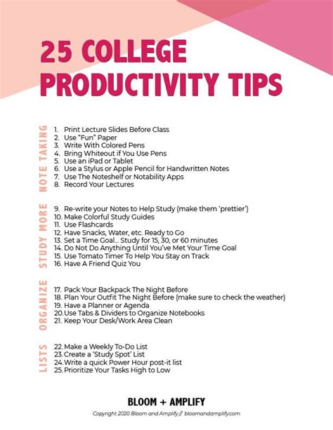 25 College Productivity Tips Free Printable Hayle Santella