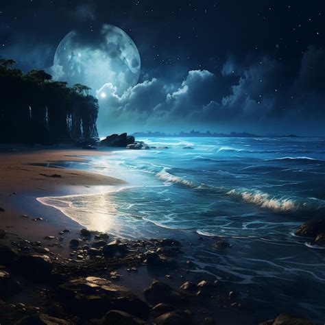 Premium Ai Image A Moonlit Beach With Bioluminescent Waves