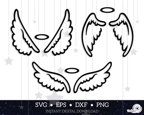 Doodle Angel Wings With Halo Vector Clipart Set Instant Etsy Angel