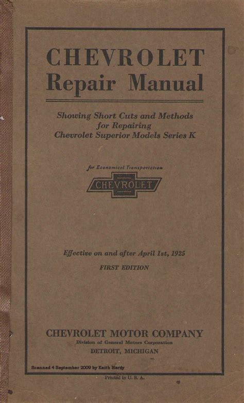 1925 Chevrolet Repair Manual Superior Model Series K