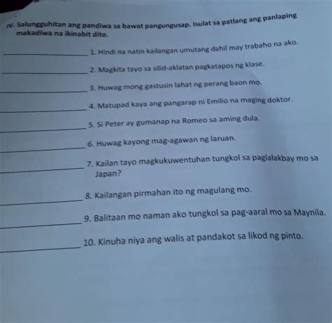 Salunguhitan Ang Pandiwa Sa Bawat Pangungusapisulat Sa Patlang Ang