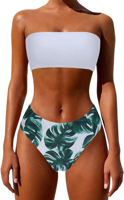 Amazon Moshengqi Women S Bandeau Bikini High Waist Swimsuit