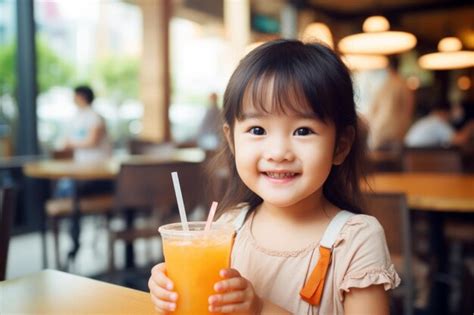 Feliz Ni A Asi Tica Moderna Con Un Vaso De Jugo Fresco Beber En El