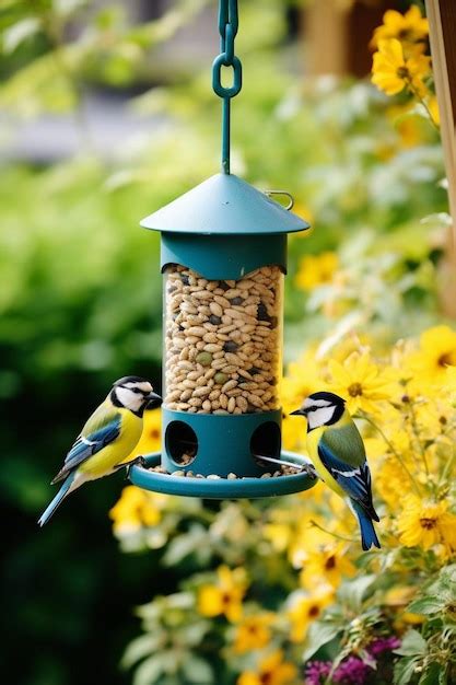 Premium AI Image | photo of birds eating seeds from a bird feeder in ...