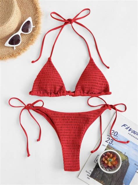 [35 Off] 2020 Zaful Skimpy Ribbed Smocked String Bikini Swimwear In