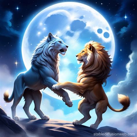 Lion and Wolf Clash in Moonlit Setting | Stable Diffusion Online